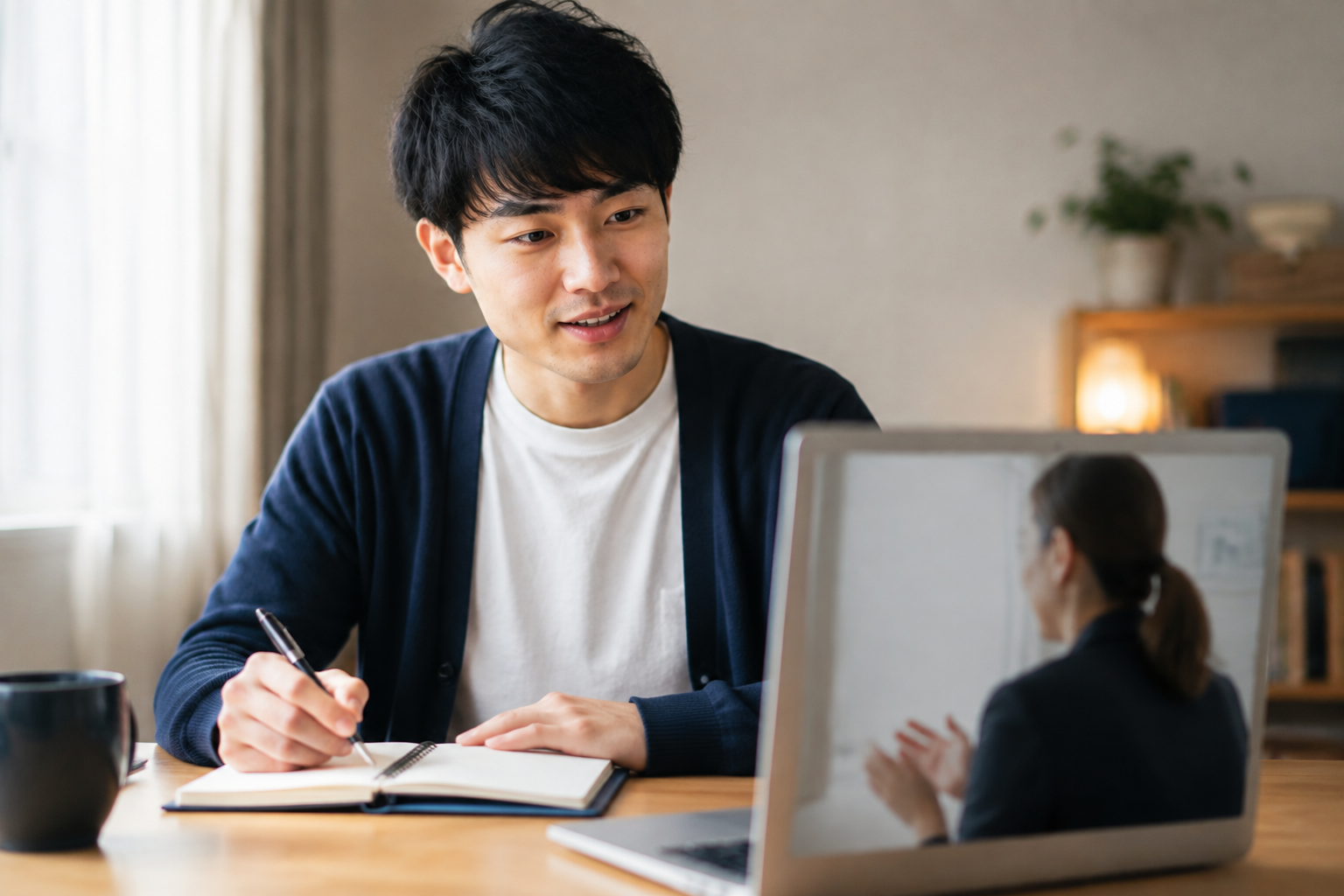 オンラインでキャリアアドバイザーに経歴や希望を相談する男性